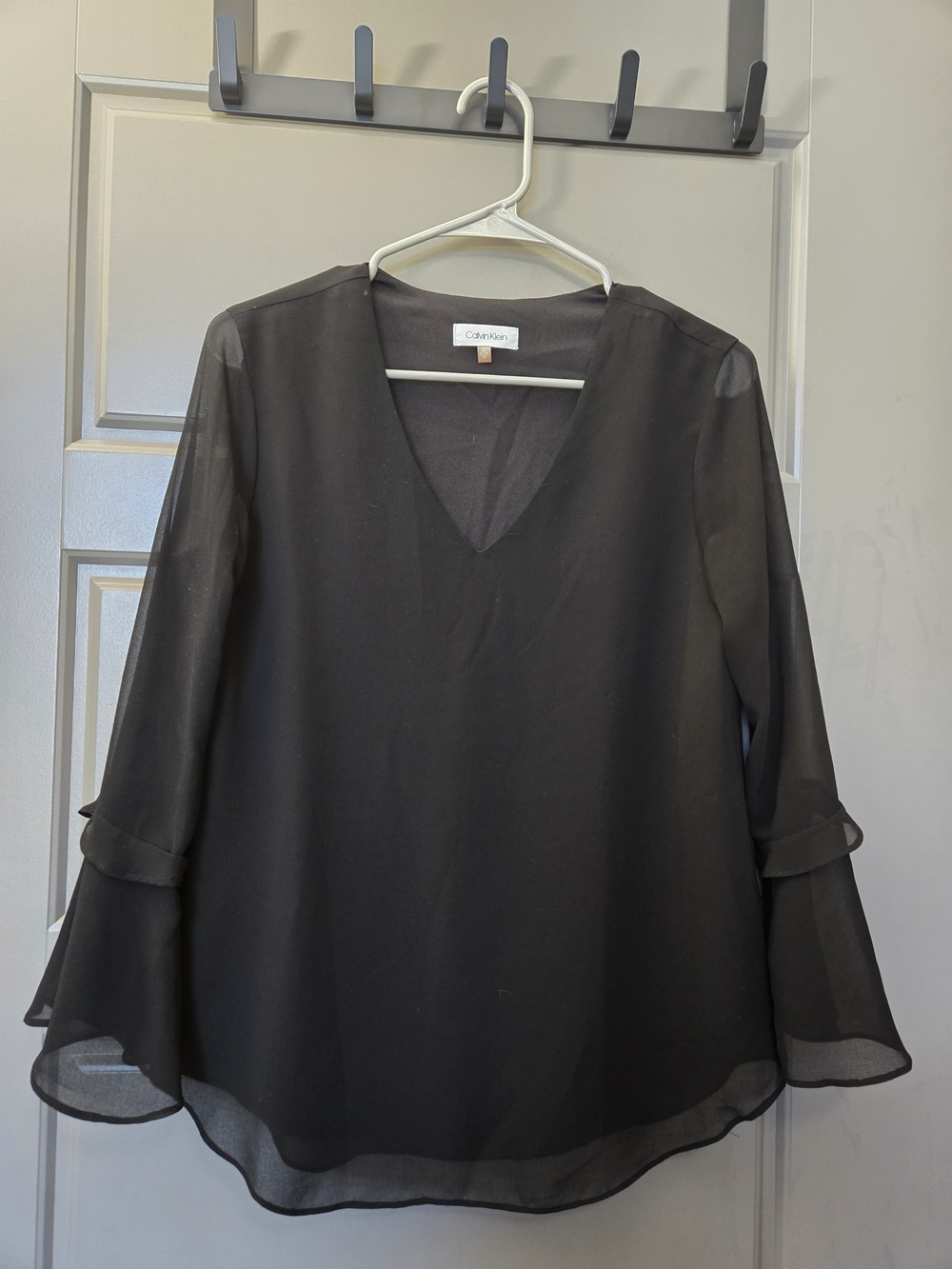 Calvin Klein Black V-Neck Layered Bell-Sleeve Blouse